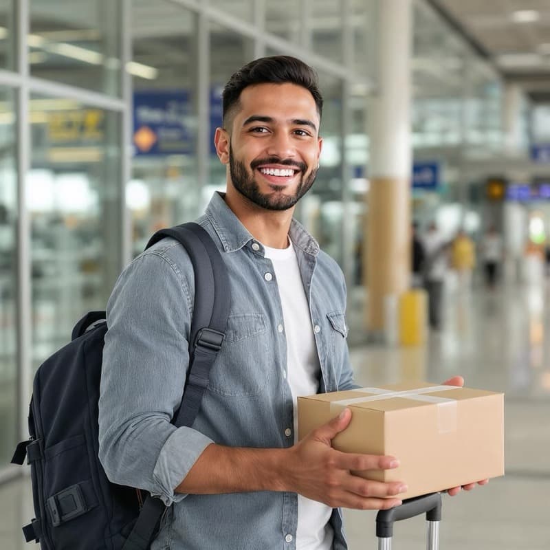 Professional on-board courier with briefcase at international airport terminal ready for urgent hand-carry delivery