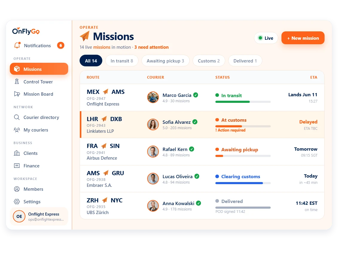 Broker Missions console with live shipment statuses
