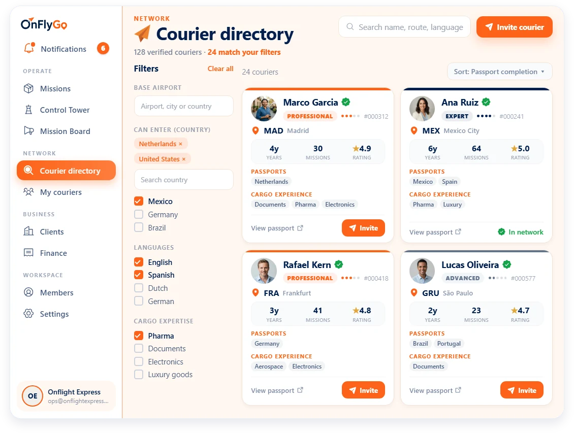 Verified courier directory with profiles and filters